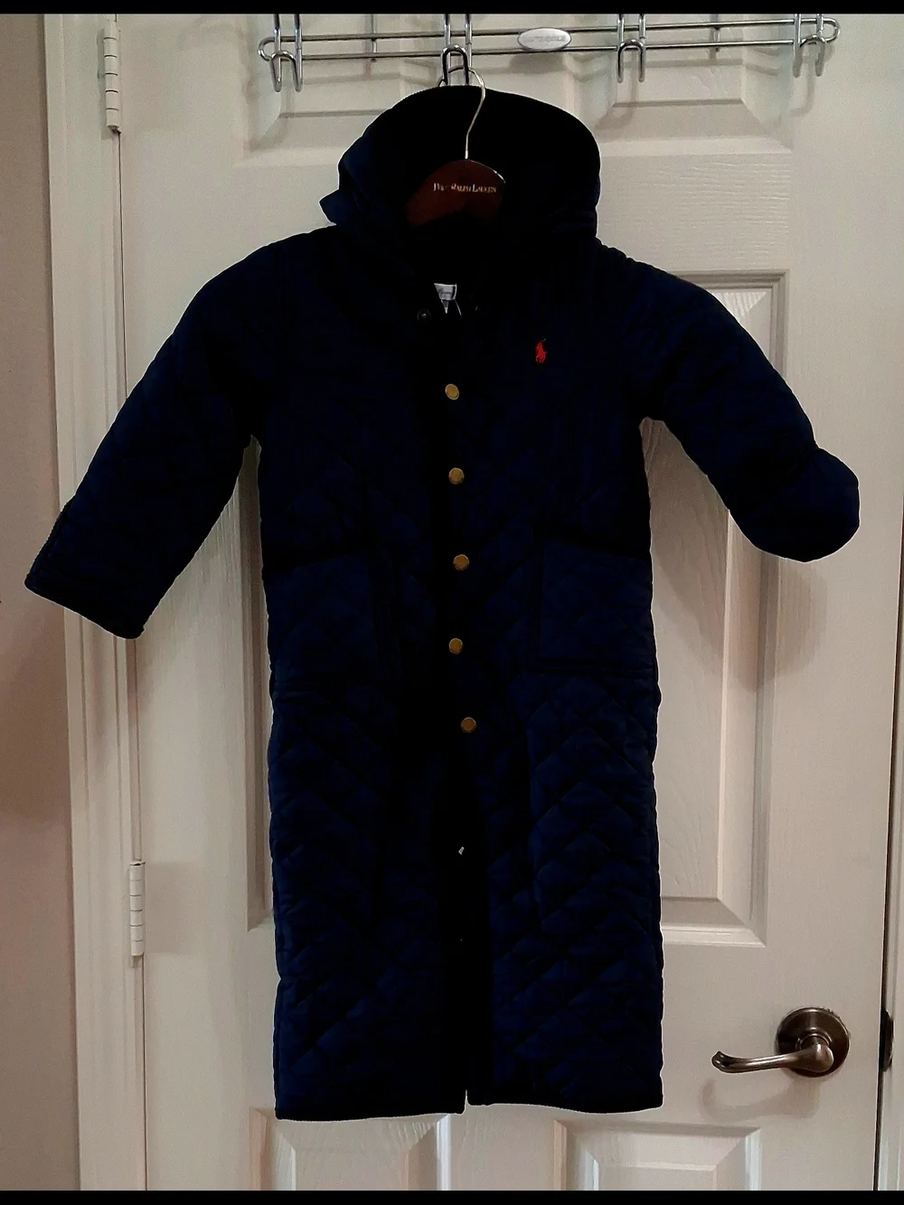 Ralph Lauren Quilted Navy Hooded Puffer Romper with Red Pony